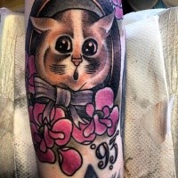 Sweet looking colored illustrative style cat with bow and flowers