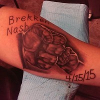 Sweet memorial style painted little baby dedicated tattoo on arm with lettering