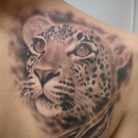 Sweet painted and detailed colored leopard tattoo on shoulder