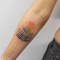Tatuaje en el antebrazo,
pluma linda delicada de colores