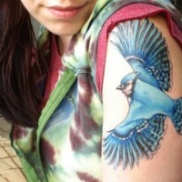 Swooping blue bird tattoo on shoulder