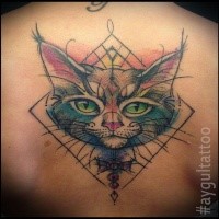 Symmetrical awesome looking upper back tattoo of cat with geometrical figures