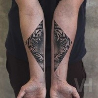 Symmetrical designed by Valentin Hirsch forearm tattoo of tiger face in triangles