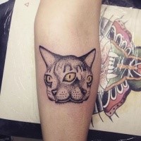 Symmetrical like dot style forearm tattoo of creepy cat head