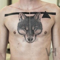 Symmetrical painted by Valentin Hirsch tattoo of fox head with black triangle