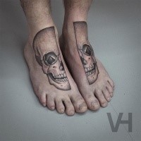 Symmetrical style black ink Valentin Hirsch tattoo of human skull
