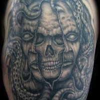 Tentacles with skull black and white tattoo