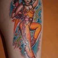 ragazza futuristica con jetpack  e blaster tatuaggio