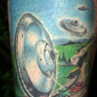 Alien ufo destroying cars coloured tattoo
