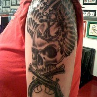 Muskets anchor and skull with wings on shoulder