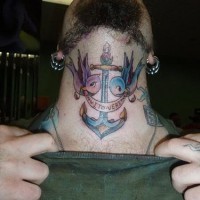 Anchor with sparrows coloured tattoo on neck