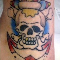 Anchor skull and bones coloured tattoo