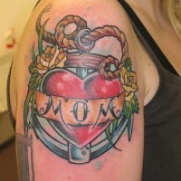 Anchor with love mom text tattoo in colour