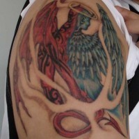 Half angel half demon coloured tattoo