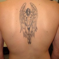 Naked male angel tattoo on man's back