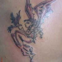 Son of troll and angel with crow tattoo
