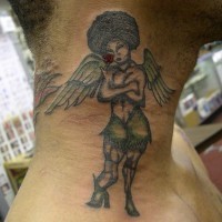 Virago angel with afro hair tattoo on neck