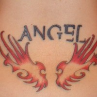 Angel lettering and red wings tattoo