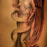 Angel with fly-away clothes on tattoo