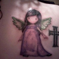Black cross and cute little angel tattoo