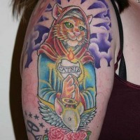 Saint mother cat with catnip tattoo on shoulder