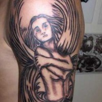 Female angel qualitative tattoo on shoulder