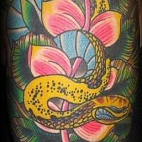 Colourful snake in greens tattoo