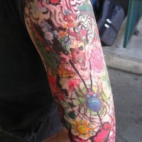 Koi and spider coloured sleeve tattoo