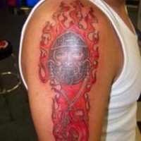 Aztec god of war coloured tattoo