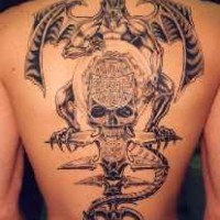 Large demon with skull on throne tattoo