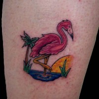 Tatuaje en la pierna, flamenco en el agua