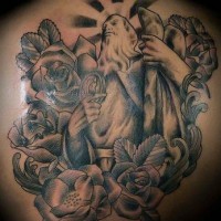 Deity in roses black ink tattoo