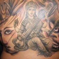 Girl musician tattoo playing on upper back