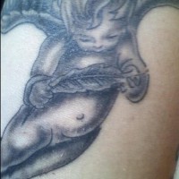 Cherub with feather in hands black ink tattoo