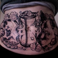 Black stomach tattoo, hourglass, skull and dog