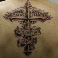 Religious cross with wings tattoo