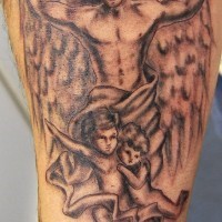 Male angel with kids black ink tattoo