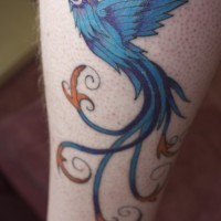 Tatuaje pájaro azul en pierna
