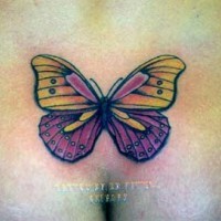Tattoo mit lila und gelbem Schmetterling am unteren Rücken