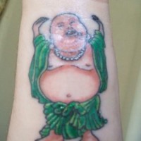 Smiling buddha in green clothes tattoo