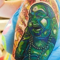Greenstone laughing buddha colourful tattoo