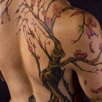 Un gros tatouage de moine en méditation sous la sakura