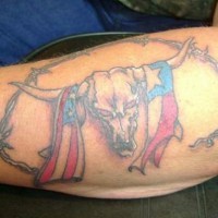 Barb wired bull skull with flags tattoo