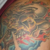 Wrathfull bull with nose ring tattoo in colour