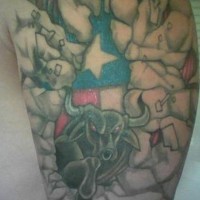 Texas state flag with busting out bull tattoo