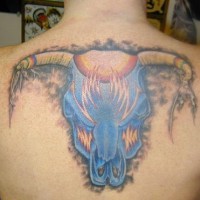 Blue bull head tattoo on back