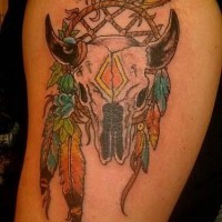 Indian dreamcatcher with bull skull tattoo