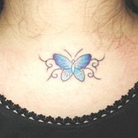 Blue butterfly neck tattoo