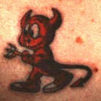 Cartoonish little devil coloured tattoo