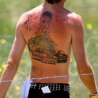 Elvis presley with racing cars back tattoo